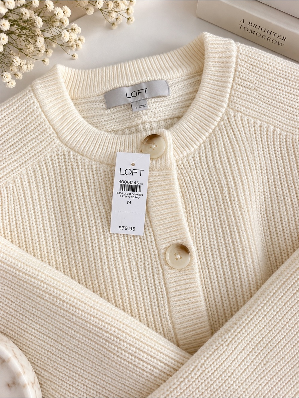 LOFT Cream Ribbed Button-Front Cardigan - Picture 3 of 3